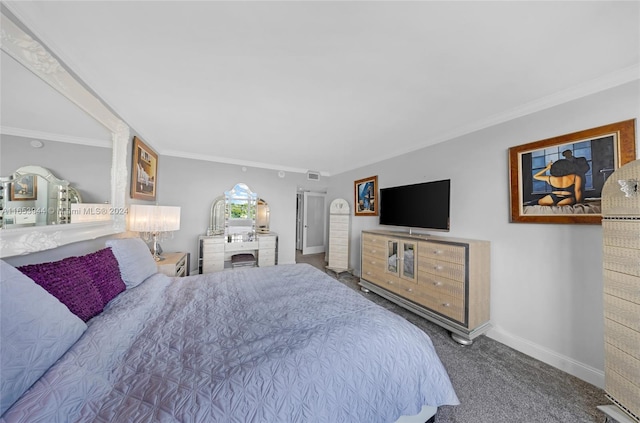 bedroom with ornamental molding and carpet flooring