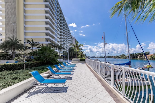 exterior space with a water view