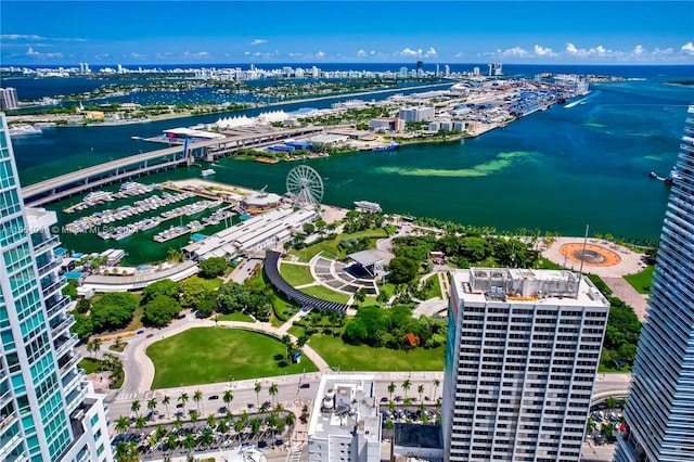 drone / aerial view featuring a water view