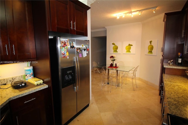 kitchen featuring a textured ceiling, light stone counters, stainless steel refrigerator with ice dispenser, rail lighting, and ornamental molding