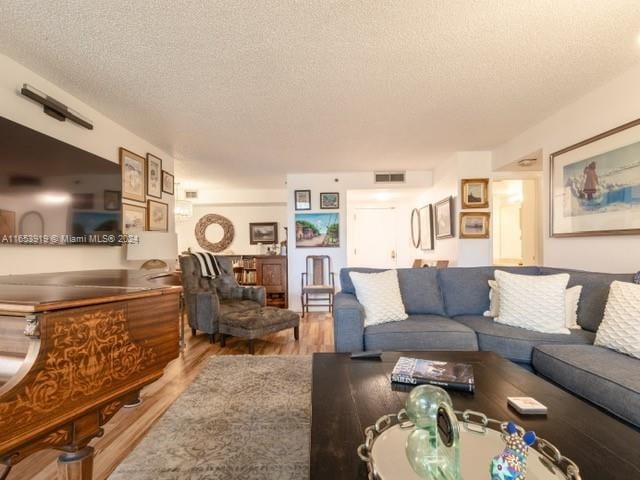 living room with a textured ceiling and wood-type flooring