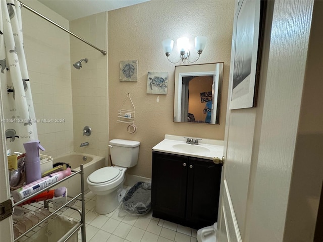 full bathroom featuring vanity, toilet, shower / bath combination with curtain, and tile patterned flooring