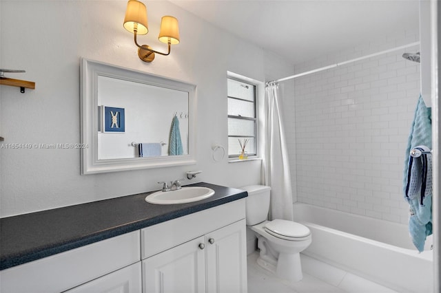 full bathroom featuring tile patterned floors, toilet, shower / tub combo, and vanity