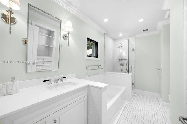 bathroom featuring vanity, crown molding, independent shower and bath, and tile patterned floors