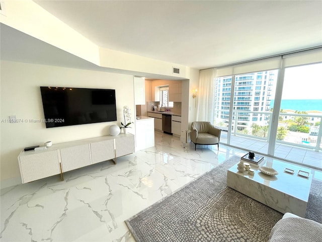 living room featuring floor to ceiling windows and sink