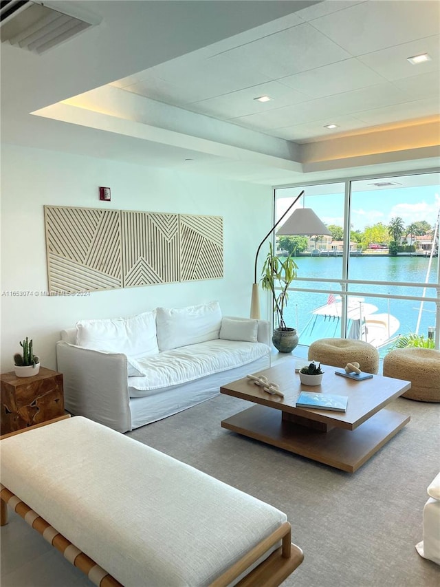 living room with a raised ceiling, a water view, and carpet flooring