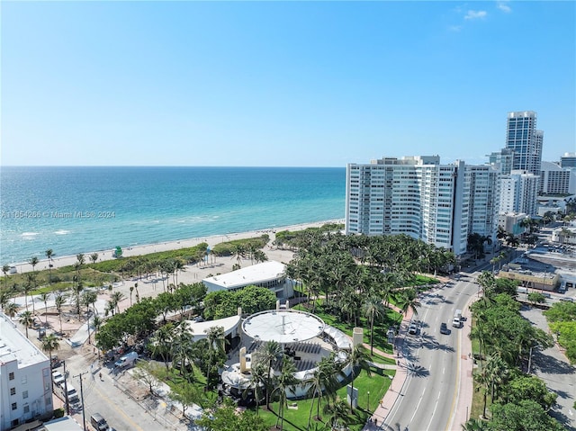 birds eye view of property featuring a view of the beach and a water view