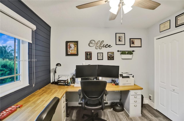 office space featuring dark wood-type flooring and ceiling fan