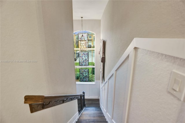 stairway with an inviting chandelier and hardwood / wood-style floors