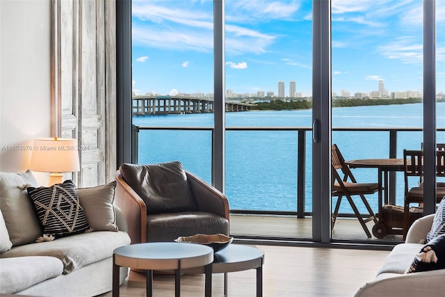 living room with a water view, a city view, wood finished floors, and floor to ceiling windows