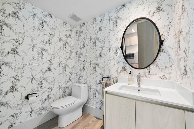 bathroom featuring vanity, toilet, and wood-type flooring