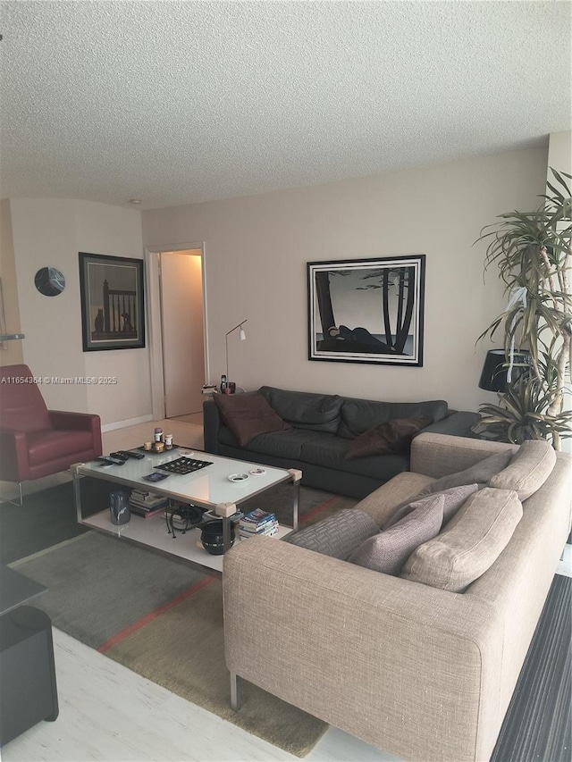 living area with a textured ceiling