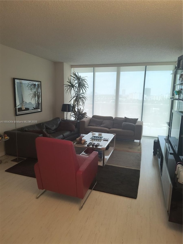 living room with a textured ceiling and wood finished floors