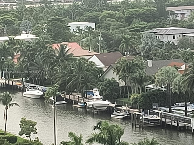 surrounding community with a water view and a boat dock