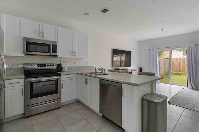 kitchen featuring appliances with stainless steel finishes, white cabinetry, kitchen peninsula, and sink