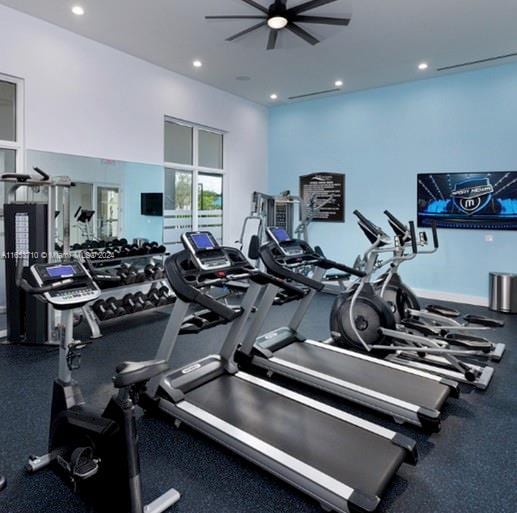 workout area with ceiling fan