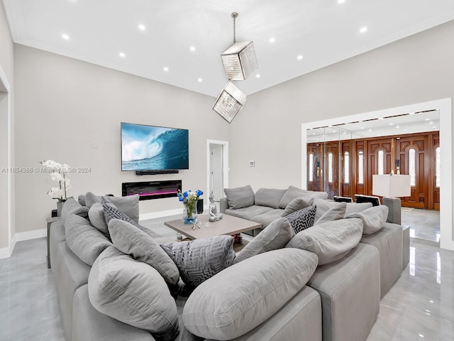 living room with crown molding