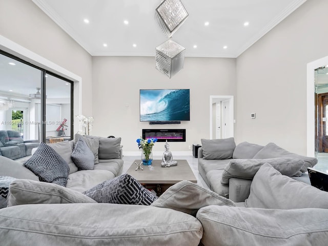 living room with crown molding