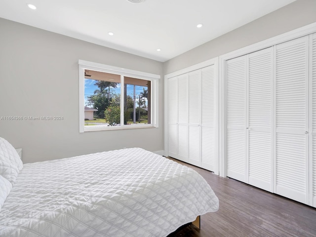 bedroom featuring dark wood-type flooring and two closets