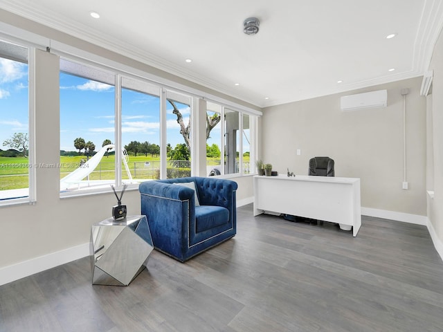 living room with a wealth of natural light, a wall unit AC, and hardwood / wood-style flooring