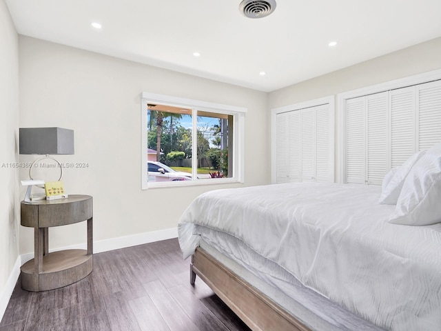 bedroom featuring dark wood-type flooring and two closets