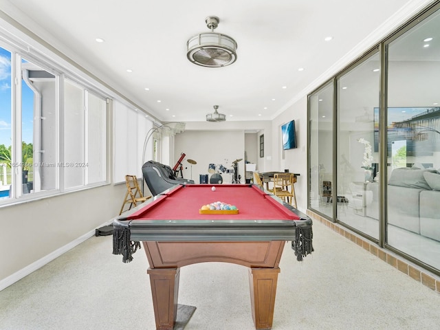 rec room featuring crown molding, pool table, and carpet floors