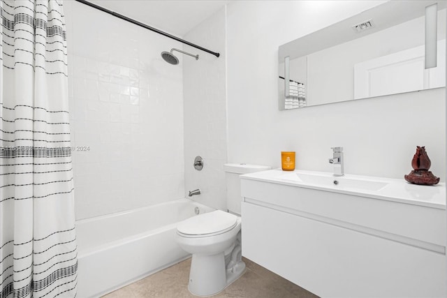 full bathroom featuring vanity, toilet, shower / bath combination with curtain, and tile patterned floors