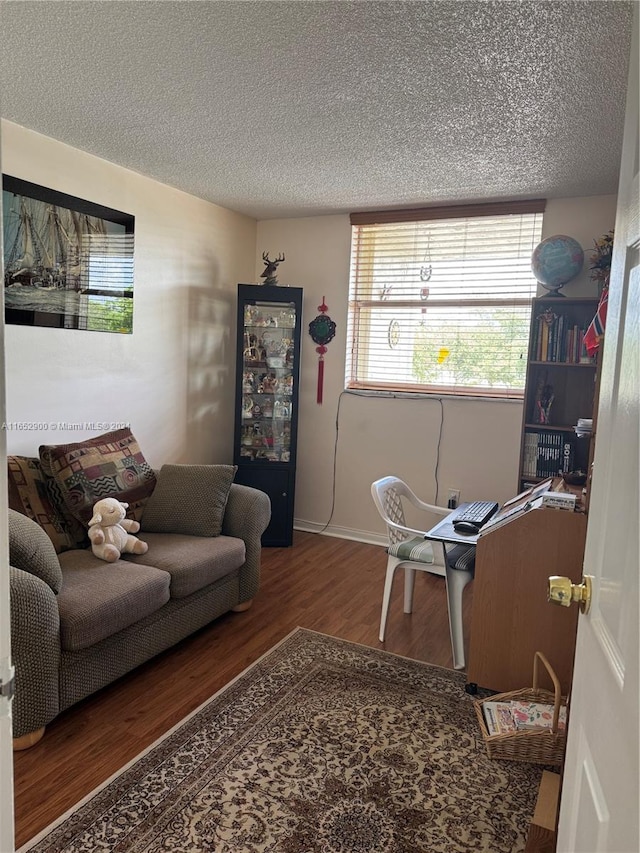 living room featuring a textured ceiling and wood-type flooring