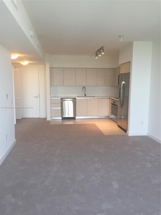 kitchen with appliances with stainless steel finishes, carpet, and sink