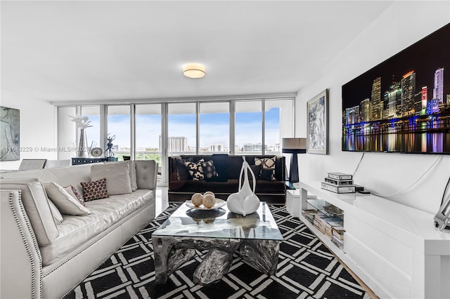 living room with a healthy amount of sunlight and a wall of windows