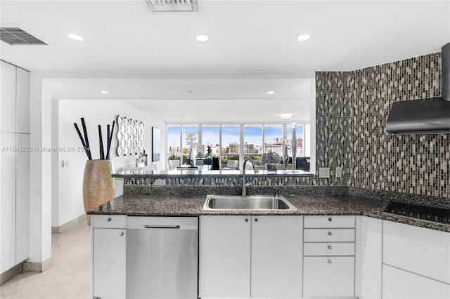 kitchen with cooktop, sink, dishwasher, dark stone counters, and white cabinets