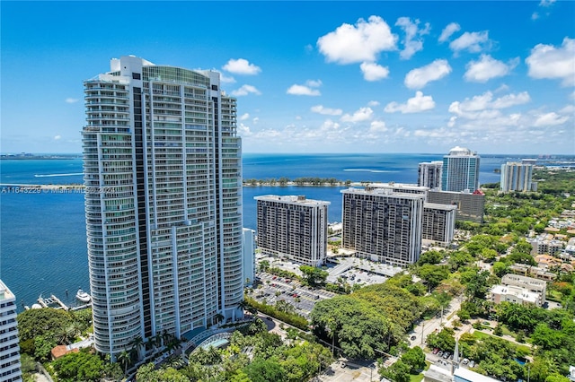 drone / aerial view with a water view