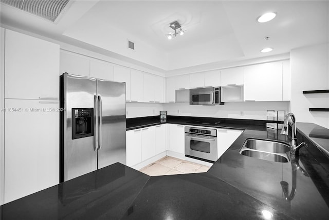 kitchen featuring a tray ceiling, sink, stainless steel appliances, and white cabinets