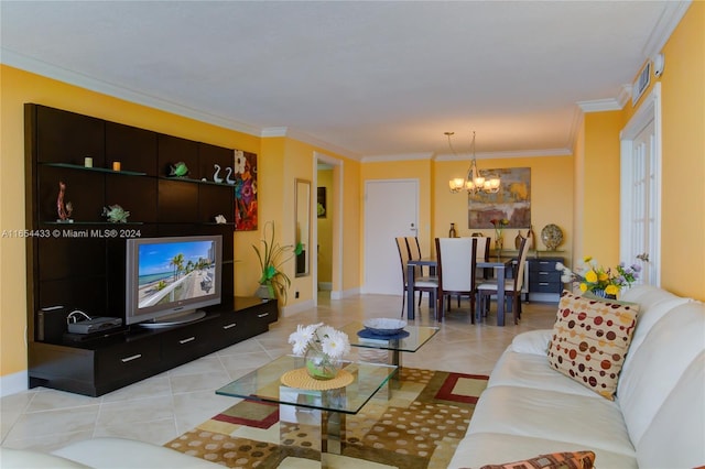 living room with light tile patterned floors, a notable chandelier, and ornamental molding