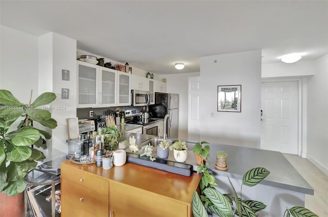 kitchen with wood-type flooring, stainless steel appliances, white cabinetry, and sink