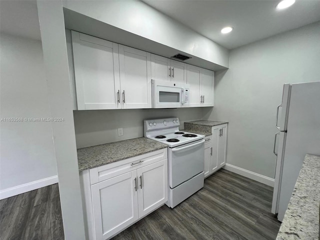 kitchen featuring dark wood-type flooring, white cabinets, white appliances, and light stone counters