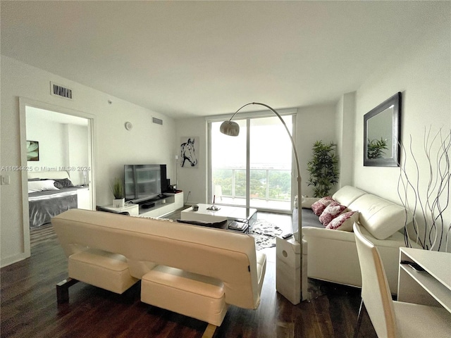 living room with dark hardwood / wood-style floors