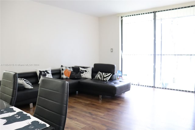 living room with plenty of natural light and dark hardwood / wood-style flooring