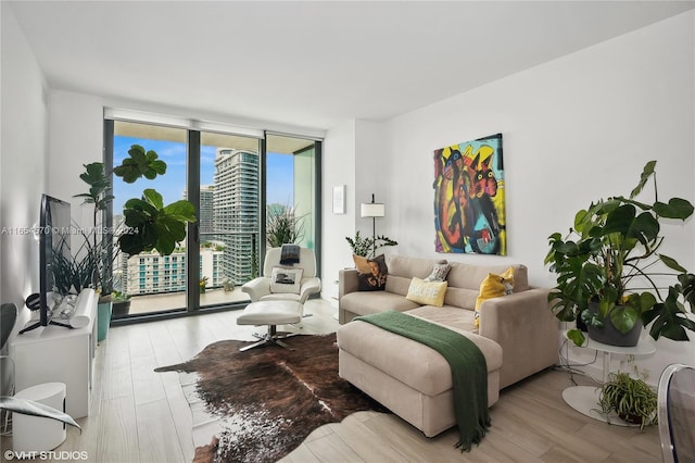 living room with floor to ceiling windows and light hardwood / wood-style floors