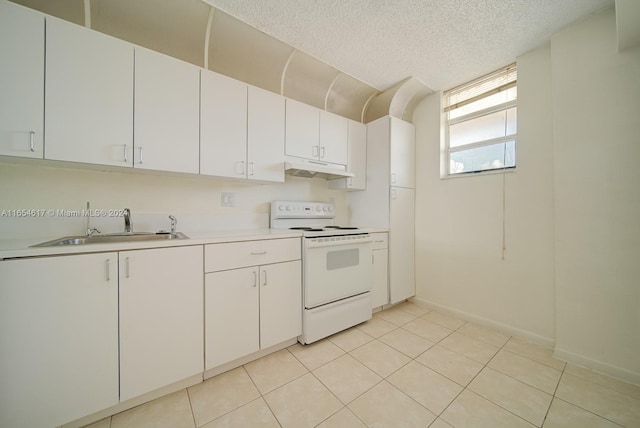 kitchen featuring a textured ceiling, sink, electric stove, and white cabinets