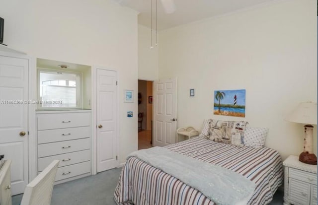 carpeted bedroom featuring a high ceiling