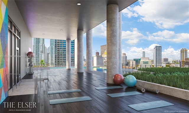 workout room featuring hardwood / wood-style floors