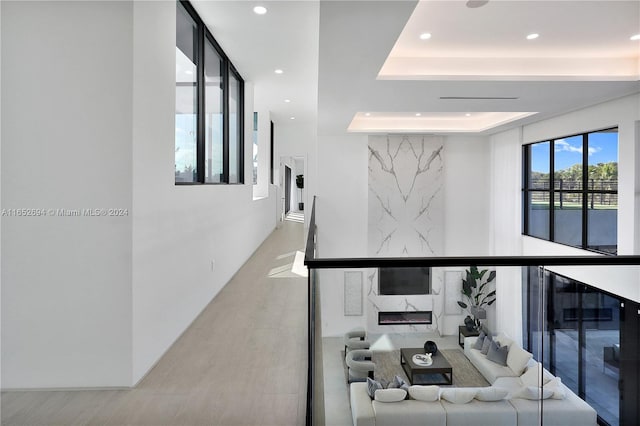 hall with light hardwood / wood-style floors and a raised ceiling