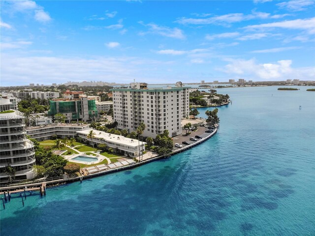 bird's eye view with a city view and a water view