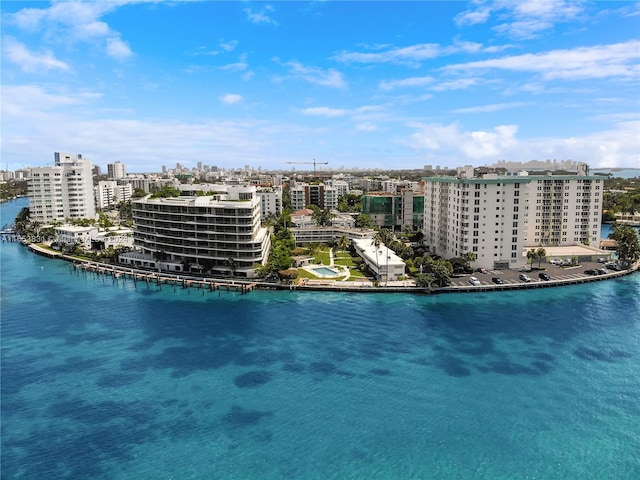 bird's eye view with a city view and a water view