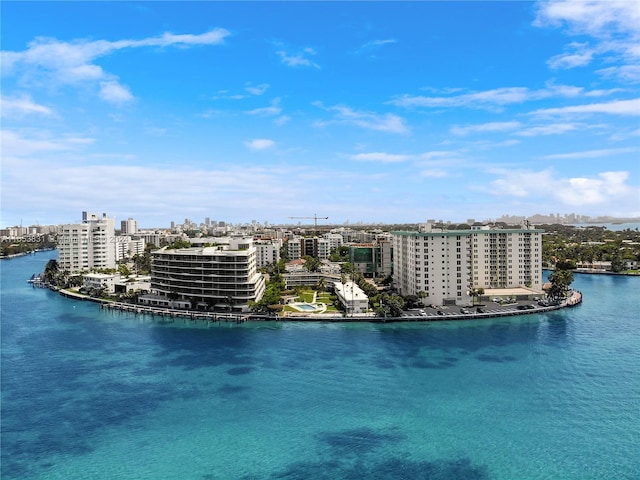 birds eye view of property with a view of city and a water view