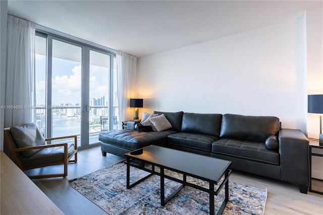 living room with hardwood / wood-style floors and a wall of windows