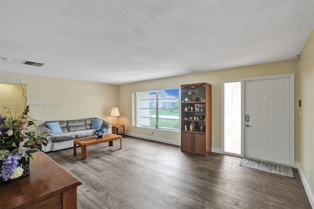 living room with dark hardwood / wood-style flooring and a textured ceiling