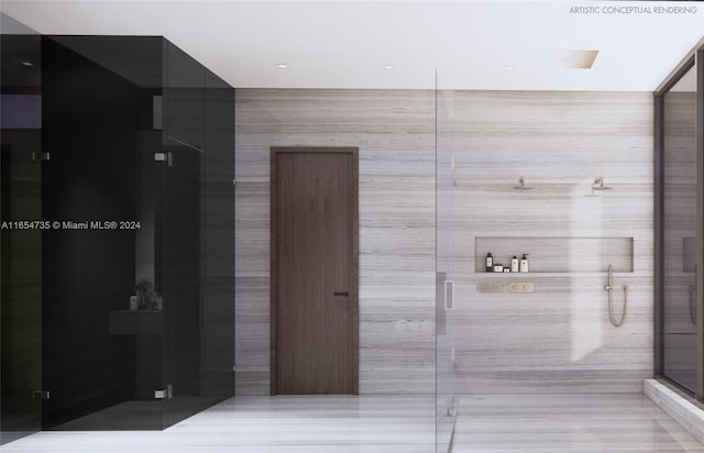 bathroom with a shower with shower door