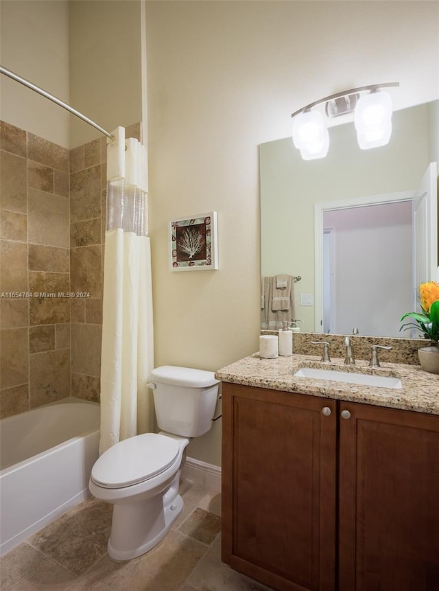 full bathroom with toilet, shower / tub combo with curtain, and vanity